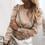 Joskaa Women Patchwork Sequin Embroidery Lace Blouse Shirt Spring Sexy Hollow Out O Neck Blusas Autumn Casual Long Sleeve Tops Pullover