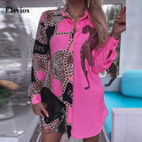 Joskaa Fashion Chain Leopard Print Pink Blouse Elegant Patchwork Office Lady Long Shirt Women Casual Turn-down Collar Button Blusa Tops