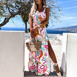 Joskaa Summer Sexy Sleeveless Beach Maxi Dress Elegant Tie-Up Sling Ruffle Split Party Dress Women Retro Pattern Print Boho Long Dress