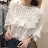 Joskaa Christmas Gift Spring Autumn New Arrival Womens Tops and Blouses Hollow Out Embroidery Loose Shirt Ruffles White Sweet Lace Blouse Blusas 15889