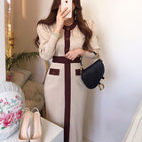 Joskaa 2024 Autumn Korean Knitted Color-blocked Two Piece Sets Women Long Sleeve Cardigan + Elastic Waist Long Skirt Suits Outfits