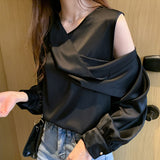 Joskaa Christmas Gift Spring Autumn Elegant Satin Blouse Women Off-Shoulder Long Sleeve V-Neck Slim Chiffon Blouse Solid OL Tops Chemisier Femme 11202