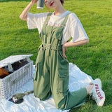 Joskaa Christmas Gift Jumpsuits Women Sashes Green Loose Suspender Straight Chic Oversize Overalls Cute Girls Korean Style Holiday Trendy Slim Leisure