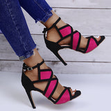 Joskaa Brand Design Women Fashion Peep Toe Patchwork Colors Thin Heel Sandals Pink Blue Strap Cross High Heel Sandals   Shoes