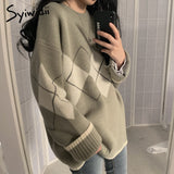 Joskaa Woman Argyle Sweaters Autumn Winter 2021 Pullovers Long Sleeve O-Neck Loose Knitted Korean Tops Casual Vintage Jumper