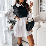 Joskaa hoco dresses Autumn Faux Leather Patchwork White Shirt Dress 2024 Women Casual Long Sleeve Plaid Chic Dress Lady Mini A Line Office Vestidos