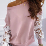 Joskaa Autumn Loose Lace Round Neck Sweatshirts Women Pink Winter Casual Long Sleeve Ladies Tops 2024 Office Lady Female Sweatshirt