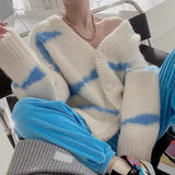 Joskaa Striped Sweater Woman Cardigan Tops Fall 2024 Korean New Knitted Jackets Single Breasted V Neck Long Sleeve Loose Coats