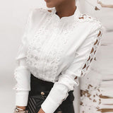 Joskaa Women Patchwork Sequin Embroidery Lace Blouse Shirt Spring Sexy Hollow Out O Neck Blusas Autumn Casual Long Sleeve Tops Pullover