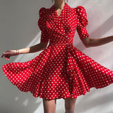 Joskaa hoco dresses Summer V Neck Polka Dot Office Dress Casual New A Line Puff Sleeve Ladies Sundress 2024 Women Short Red White Work Dresses