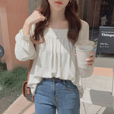 Joskaa 2024 Autumn New Long Sleeve Loose Shirt Women Women Tops Square Collar Blouses Clothes Chiffon Shirt Apricot Blouse Blusas 11696