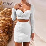 Joskaa 2024 Two Piece Set Long Sleeve Crop Top And Bodycon Mini Skirt Ruched Women Set Autumn Sexy White Club Outfit Party