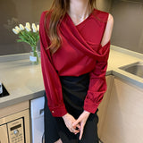 Joskaa Christmas Gift Spring Autumn Elegant Satin Blouse Women Off-Shoulder Long Sleeve V-Neck Slim Chiffon Blouse Solid OL Tops Chemisier Femme 11202