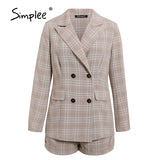 Joskaa Two-piece blazer women suits Double breasted plaid casual female blazer shorts set Elegant office ladies blazers sets