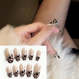 Joskaa 24pcs Leopard Theme Full Cover False Nail Tips 2024 New Style Black Brown Transparent Stiletto French Pearl Fake Nails With Glue