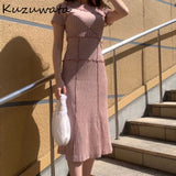 Joskaa Christmas Gift Kuzuwata O Neck Short Sleeve Hign Waist Plaid Mid-Calf Vestidos 2024 Spring Summer Dress Japan Sweet Temperament  Women's Robe