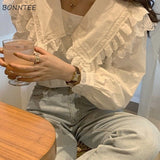 Joskaa Christmas Gift Women Blouses Long Sleeves Shirts OL Lace Solid Female Sailor Collar Elegant Fashion New Korean Style Cute All-match Streetwear