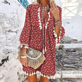 Joskaa-Summer V Neck Tassel Beach Dress Spring Vintage Floral Print 3/4 Sleeve Party Dress Women Casual Loose A-Line Dress Vestido