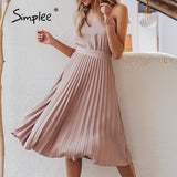 Joskaa Sexy spaghetti strap summer dress women A-line pink female pleated midi dress Casual office ladies party dresses vestido