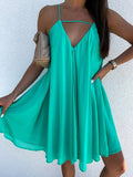 Joskaa Graduation Gift  Summer Chiffon Loose Sleeveless Pleated Dress Women Green Casual V Neck Dress 2024 Female Short Backless Beach Holiday Sundress