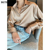 Joskaa Christmas Gift BBTEEVER New Fashion Chic Women Satin Shirts 2024 Spring Long Sleeve Solid Single-breasted Ladies Blouses Tops Workwear Blusas