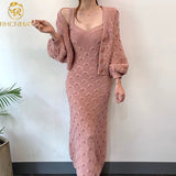 Joskaa Christmas Gift Chic Knitted Single-breasted Lantern Sleeve Cardigan Sweater Coat V Neck Sleeveless Spaghetti Strap Sweater Dress 2 Piece Set