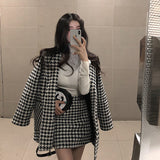 Joskaa Two 2 Piece Set Retro Houndstooth Channel Style Mid-Length Coat High Waist Skirt Winter Suits Women Basic Jackets