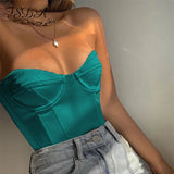 Joskaa 2024 Satin Corset Crop Top Strapless Green Summer Sexy Tube Off Shoulder Party Sleeveless Bustier Tank Tops Women