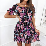 Joskaa hoco dresses Summer Boho Off Shoulder Floral Print Dress Women Casual Ruffle A Line Sundress Short Female Holiday Mini Flower Dress 2024 New