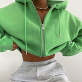 Joskaa 2024 Autumn Winter Women Green Long Sleeve Streetwear Hooded Zipper Sweatshirt Coats Loose Oversized Crop Top Short Jackets