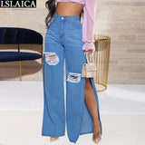 Joskaa Dropshipping Women's Pants Hem Split Hook Flower Hollow Loose Wide Leg Pants for Women Summer Streetwear Casual Women's Jeans