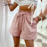 Back to College Joskaa Elastic waist drawstring shorts Pocket dusty pink summer shorts woman Causal loose lace hollow out side shorts 2024 new