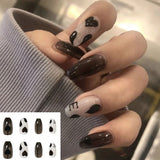 Joskaa 24pcs Leopard Theme Full Cover False Nail Tips 2024 New Style Black Brown Transparent Stiletto French Pearl Fake Nails With Glue