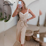 Joskaa Elegant High waist Vneck Spaghetti Strap Dress Summer Lace Straight Women Dress 2024 Solid Lace-up Button Bodycon Dress