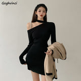 Joskaa hoco dresses Christmas Gift Dress Women One-shoulder Mini Sheath Black Solid Korean Style Sexy Club Soft Fit Chic Stylish High Street Spring Design Gothic