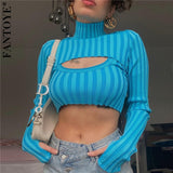 Sexy Turtleneck Hollow Out Women Sweater Blue Long Sleeve Striped Cotton Sweater Ladies Autumn Slim Streetwear Sets 2021