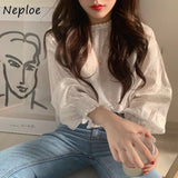 Joskaa Christmas Gift Sweet Sytle Age-reduction Shirts 2024 New Autumn Crochet Hollow Lace Lantern Sleeve Blouses O-neck Solid Color Femme Tops