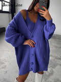 Joskaa Christmas Gift Jacuqeline V Neck Long Sleeve Knitted Sweater Women Cardigan 2024 Winter Sexy Tank Top And Button Oversize Sweaters 2 Piece Set