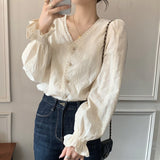 Joskaa New Sweet Women Tops Spring Autumn Korean Fashion Hollow Out Crochet Blouse Casual Long Sleeve lace Shirt Blusa Mujer 17076