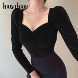 Joskaa Christmas Gift Hawthaw Women Fashion Autumn Winter Long Sleeve Square Neck Velvet Female Soild Color Tops T Shirt 2024 Fall Clothes Streetwear