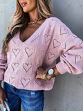 Joskaa Casual Solid Color Sweater Women Jumper Pullover Tops Fashion Lady Hollow Out Heart Shape V Neck Ribbed Knitted Sweaters S-2XL