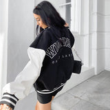 Joskaa Letter Print Baseball Uniform Jacket Patchwork Long Sleeve Button Varsity Bomber Coat Cool Style Jackets For Women Clothing