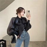 Joskaa Women Shirts 2024 Spring Autumn French Sexy Temperament Female Bow-Tie Shiny Feeling Slightly Transparent Loose Blouse