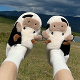 Joskaa Thick Cotton Warm Home Slippers Women's Winter Anti-Skid Thick Bottom Plush Indoor Household Shoes Lovely Cow Animal Slipper