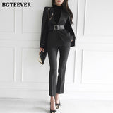 Christmas Gift Joskaa Stylish Women Blazer Set Belted Cloak Jacket & Suit Pants Elegant Female Striped Pant Suit Ladies 2 Pieces Set 2020