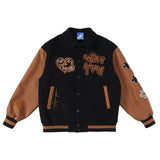 Joskaa Retro Leather Stitching Baseball Uniform Jacket Female Autumn Winter Couple Embroidered Long Sleeve Hip Hop Bomber Jacket