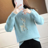 Joskaa Christmas Gift EBAIHUI Christmas Sweater Women Faux Mink Cashmere Half High Collar Pullover Fleece Winter Clothes Embroidery Deer Warm Jumper