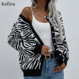 Joskaa Christmas Gift Kefira Autumn Fashion Zebra Striped Cardigan Women Sweater Long Sleeve O Neck Button Black Street Knitted Cardigans Winter 2024