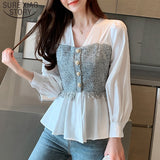 Joskaa Christmas Gift Solid White Long Sleeve Shirt Fashion Office Lady Tops Korean Style Women Spliced Chiffon Blouse  V-neck Feminina shirt  8110 50