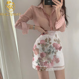 Christmas Gift Women Summer 2 Piece Set Sexy Transparent Long Sleeve Pink Chiffon Shirt Top + High Waist Floral Print A Line Skirts Sets